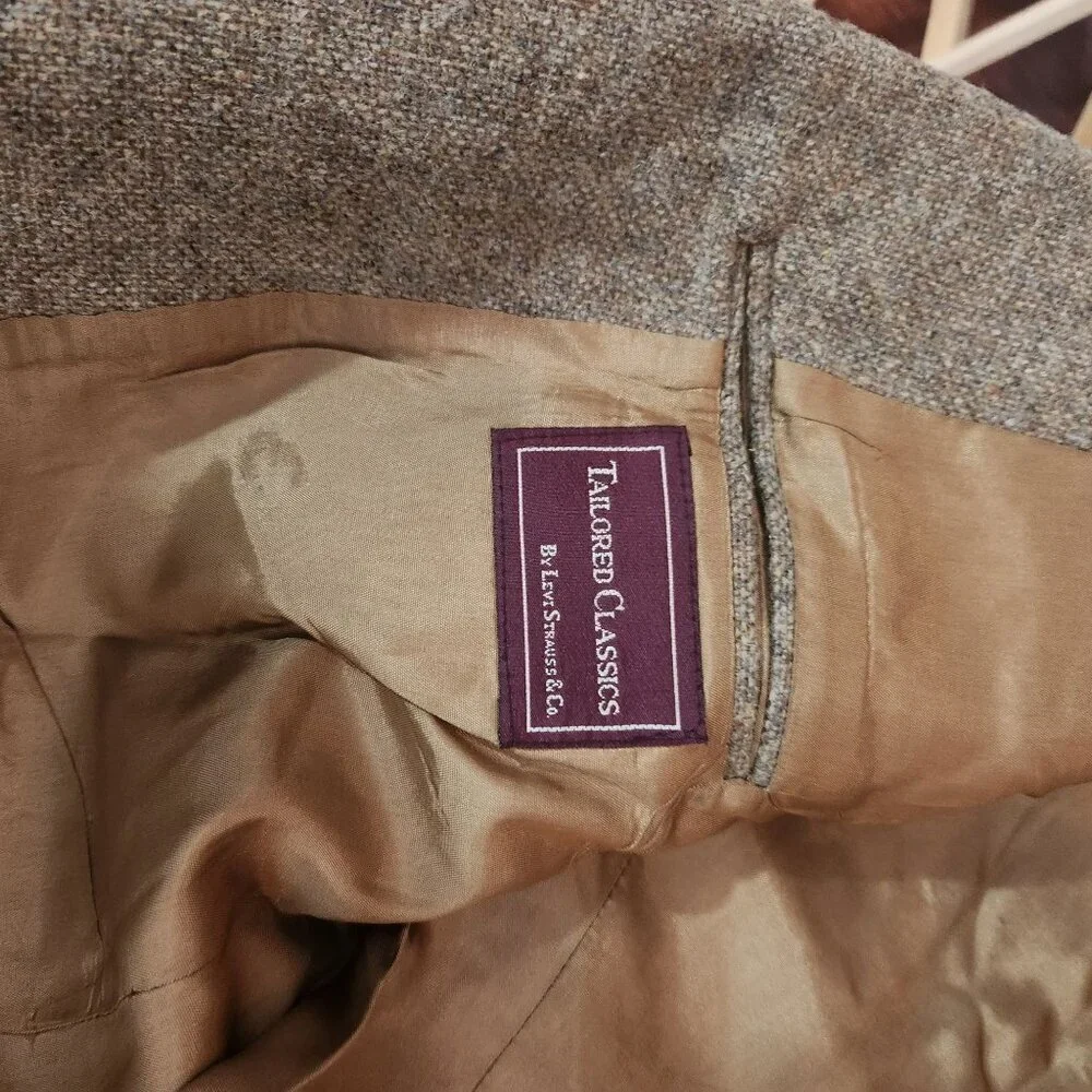 Vintage Tailored Classics Levis Mens 44L Brown Tweed Wool Sports Coat Elbow FLAW
